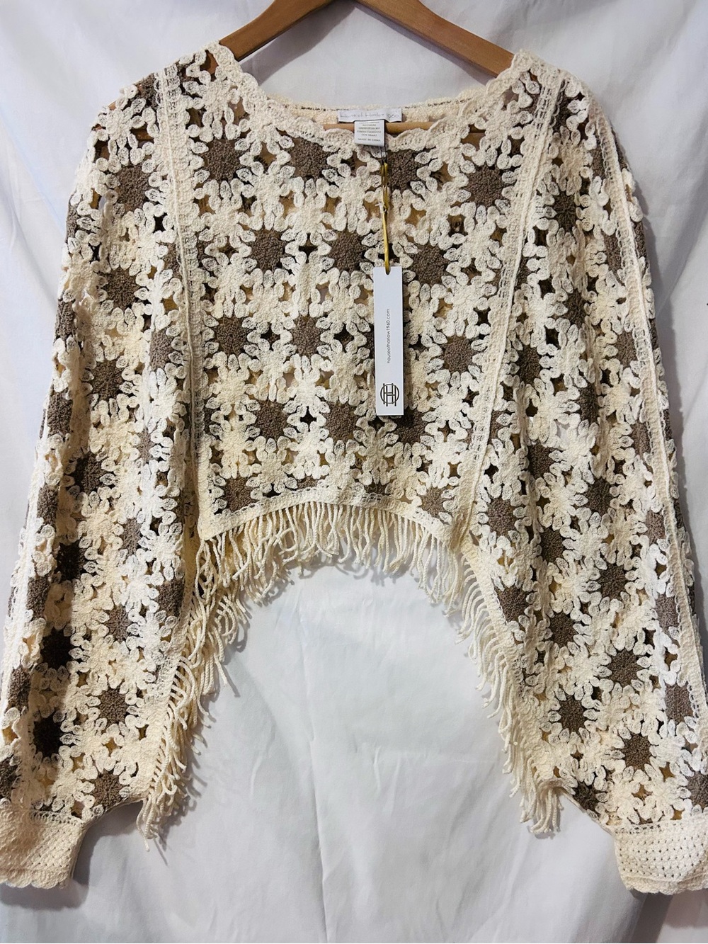 House Of Harlow 1960 Cream And Brown Croquet Floral Fringe Pinch S/M NWT